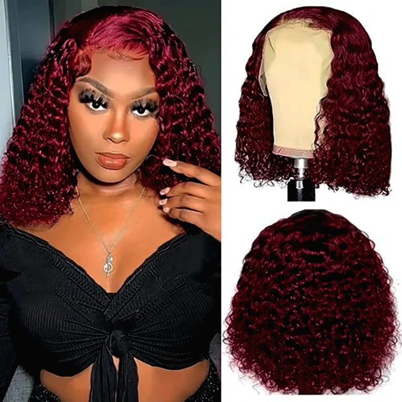 Burgundy 99J Deep Wave Short Bob Wigs 100% Human Hair Wig Water Curly Wig Baby Hair 13x4 Lace Front Human Hair Wig For Women
