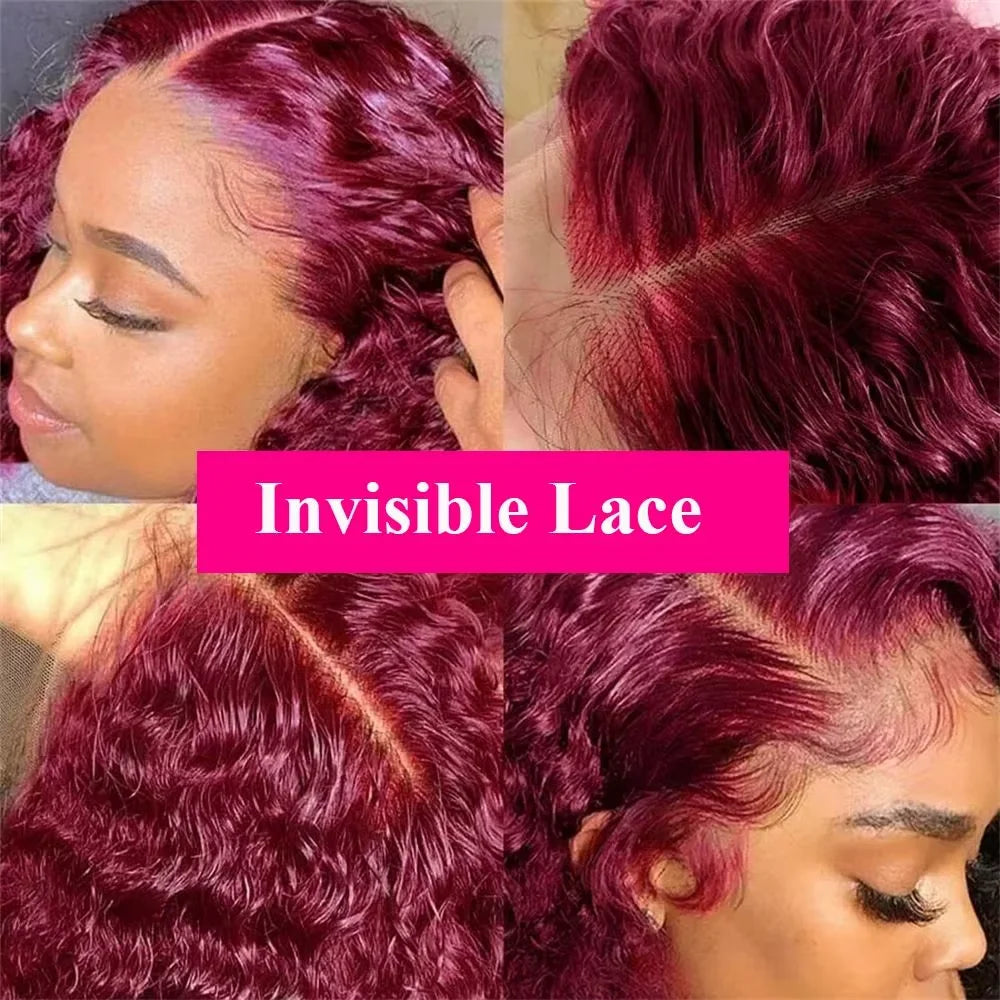 Burgundy 99J Deep Wave Short Bob Wigs 100% Human Hair Wig Water Curly Wig Baby Hair 13x4 Lace Front Human Hair Wig For Women