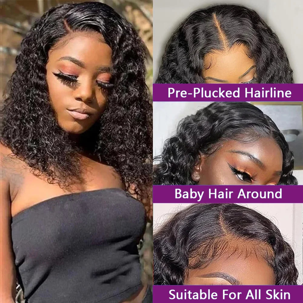Short Bob Curly 13x4 Lace Front Human Hair Wigs Brazilian Virgin 100% Human Hair Deep Wave Bob Wigs 200% Density 4x4 Closure Wig