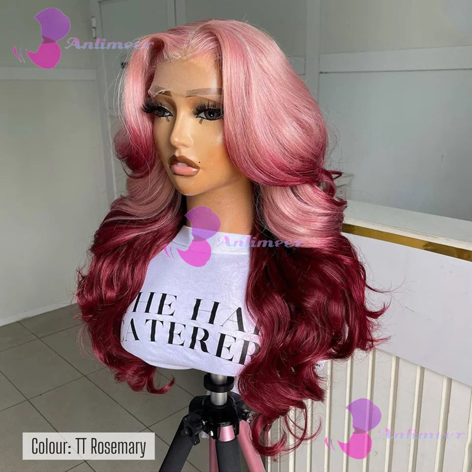 Ombre Pink Rosemary Colored Human Hair Body Wavy Glueless 13x4 Lace Front Wigs #613 Made Pre Plucked 180% Density Full Lace Wigs