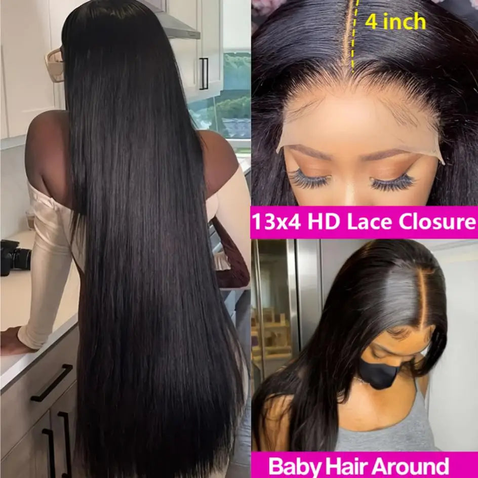 13×6 Lace Frontal Wig Straight 38 Inch 13×4 Brazilian Human Hair Pre Plucked Front Natural Black For Women 180 Density Sale