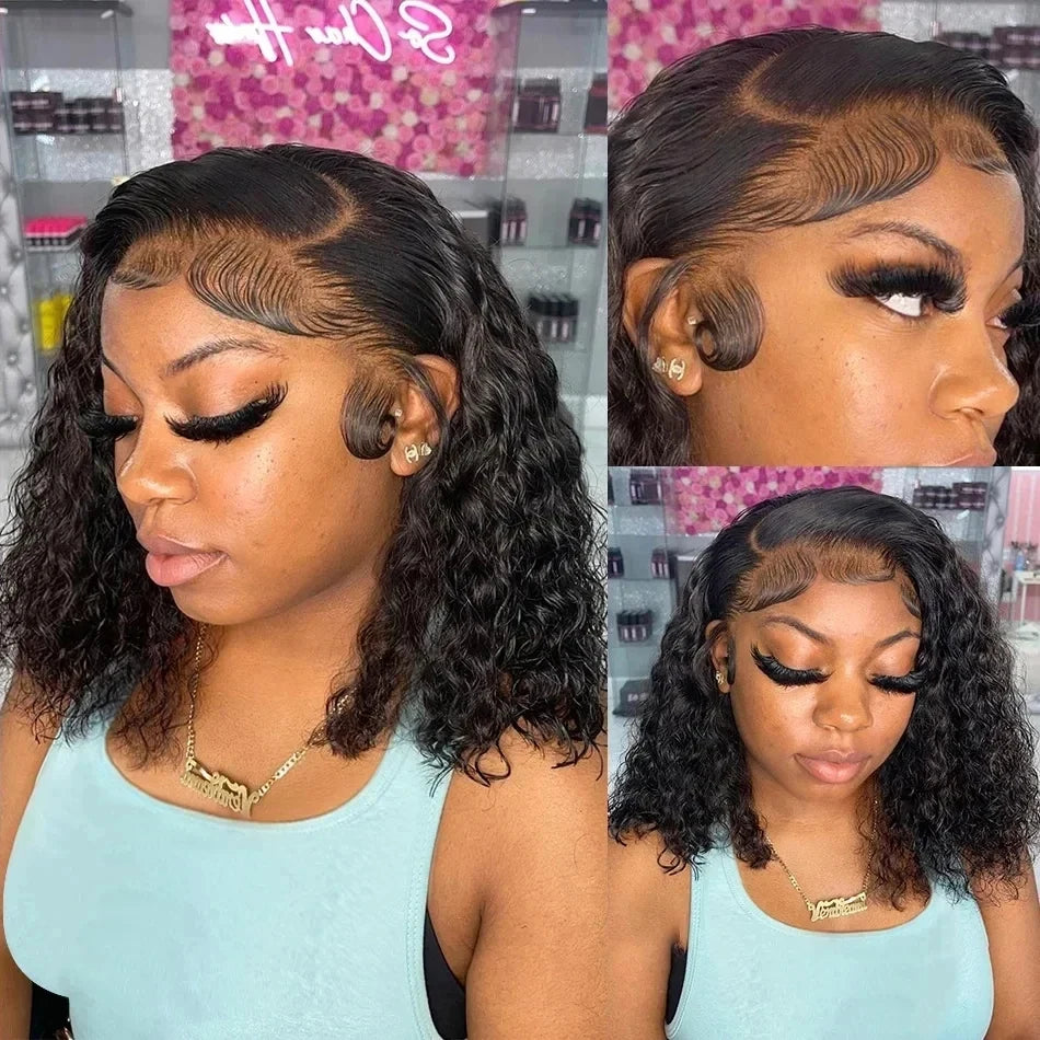 Deep Wave 13x4 Lace Frontal Bob Wig 200% Density Human Hair Wigs Brazilian Pre Plucked Virgin Hair Water Wave Invisible Lace Wig