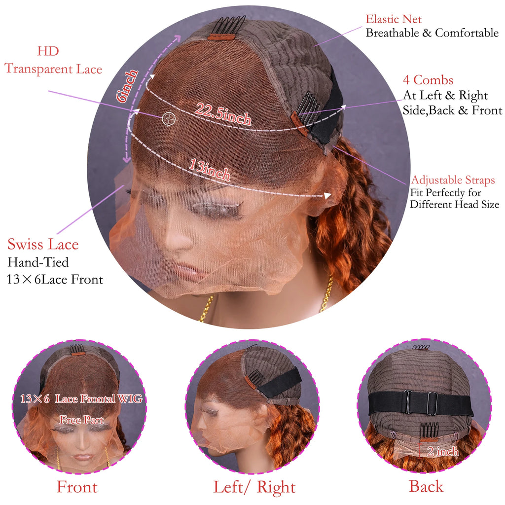 Highlight 4/350 Water Wave 13x6 HD Lace Frontal Wig Brown Ginger Human Hair Wig For Women 13x4 Transparent Lace Front Curly Wigs