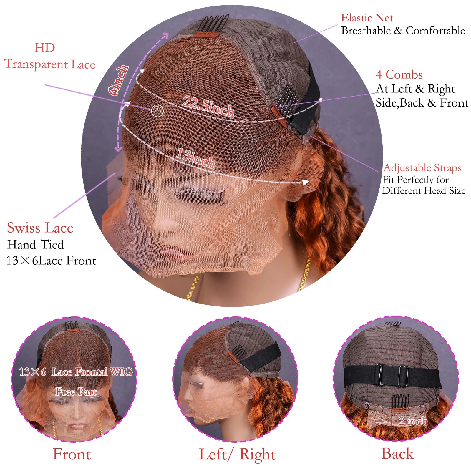 Highlight 4/350 Water Wave 13x6 HD Lace Frontal Wig Brown Ginger Human Hair Wig For Women 13x4 Transparent Lace Front Curly Wigs