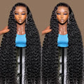 13x6 Deep Wave Lace Front Wig Brazilian Water Wave 200Density Curly HD Transparent Lace Frontal Human Hair Wig PrePlucked 38Inch