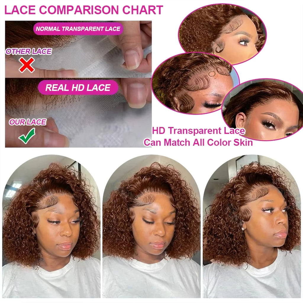High Density 100% Human Hair Curly Chocolate Brown Short Deep Wave Bob 13x4 Lace Frontal Wigs #4 Colored HD Lace Front Wig