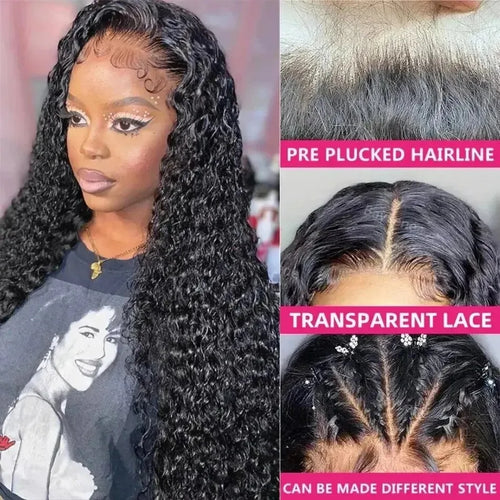13x6 Deep Wave Lace Front Wig Brazilian Water Wave 200Density Curly HD Transparent Lace Frontal Human Hair Wig PrePlucked 38Inch