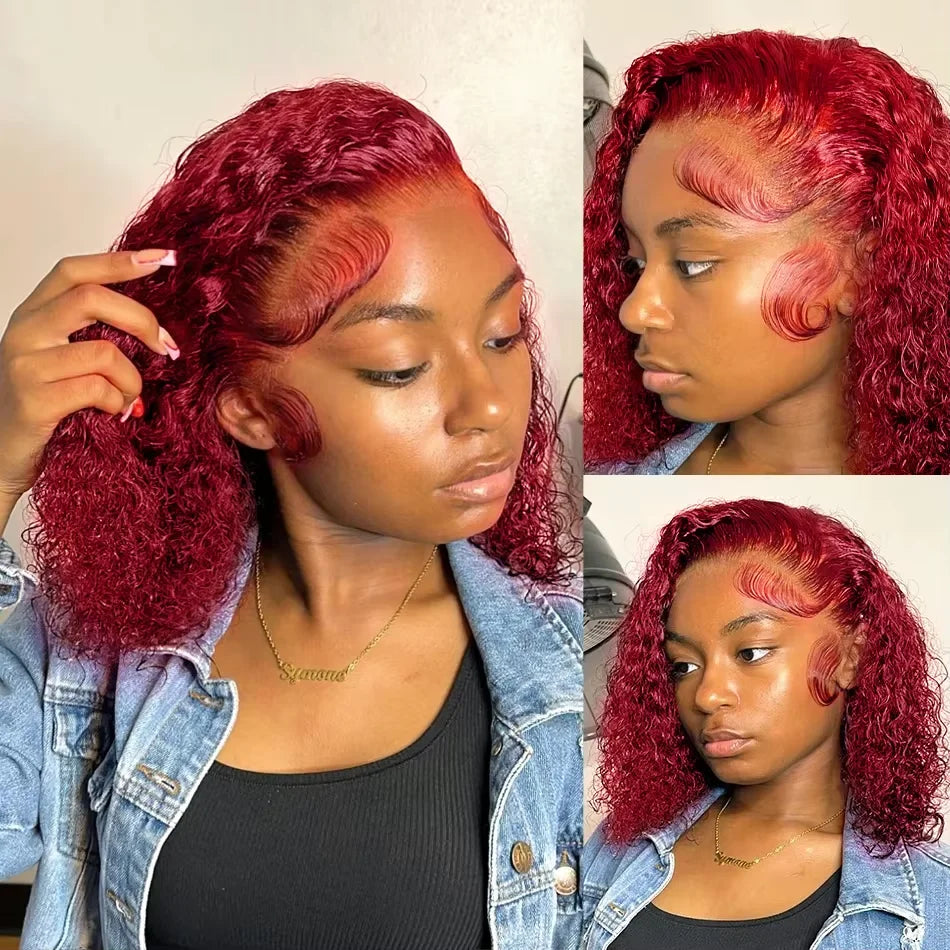 Curly Bob 99J Burgundy Lace Front Wigs 100% Human Hair 13x4 Lace Frontal Wig Red Short Deep Water Wave Wig Bob Lace Front Wigs