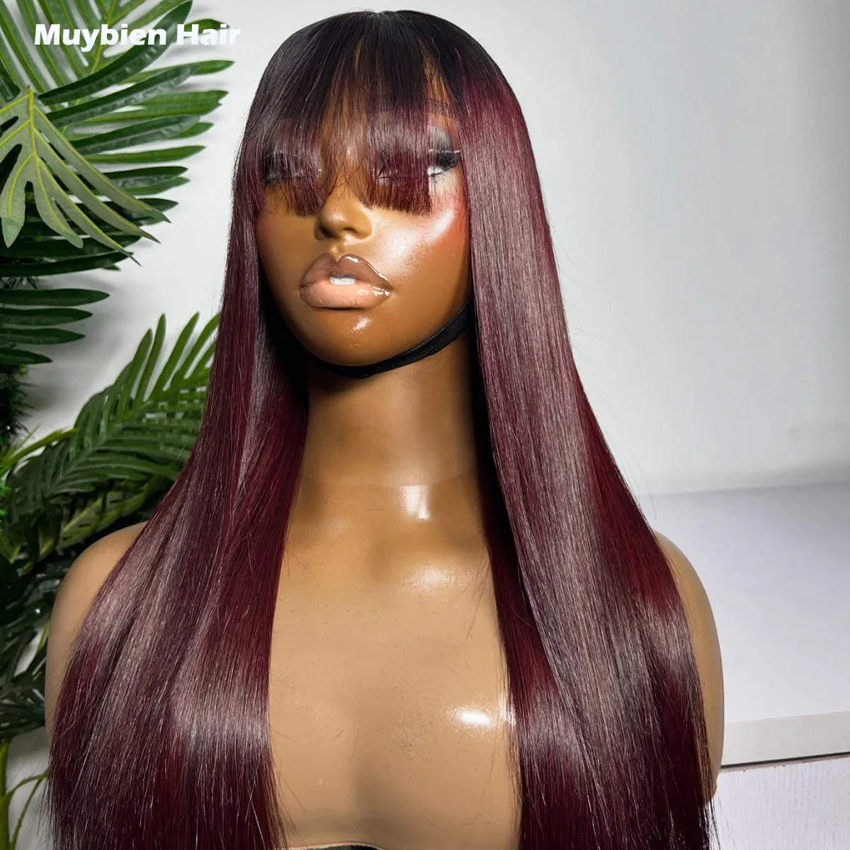 Waer and Go Glueless Wig 100% Human Hair 2x6 Kim K Closure Wig with Bangs Ombre Dark Burgundy Straight Wig Pre Cut Glueless Wig