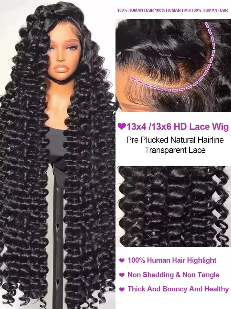 46 Inch HD 13x6 Loose Deep Wave Lace Frontal Human Hair Wig Brazilian 13x4 360 Water Curly Lace Front Wigs For Women 200 Density