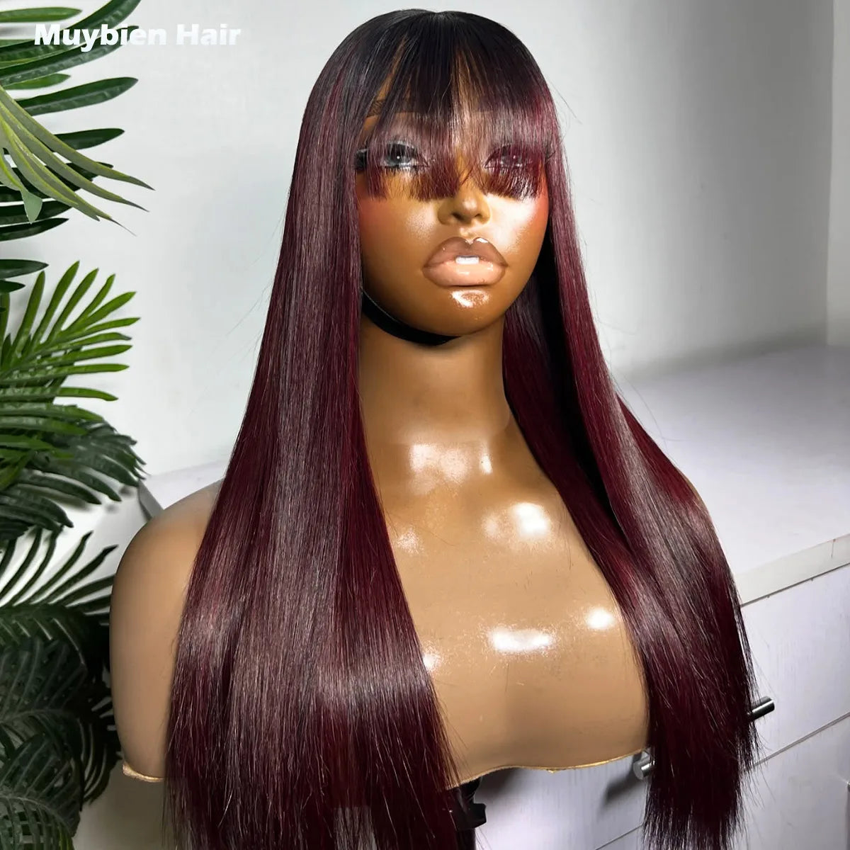Waer and Go Glueless Wig 100% Human Hair 2x6 Kim K Closure Wig with Bangs Ombre Dark Burgundy Straight Wig Pre Cut Glueless Wig