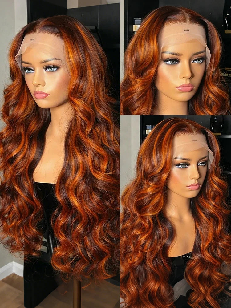 4/350 Highlight Ombre Body Wave Wigs 13x6 Lace Front Human Hair Wig Ginger Orange Brown Colored Water Wave 13x4 Lace Frontal Wig