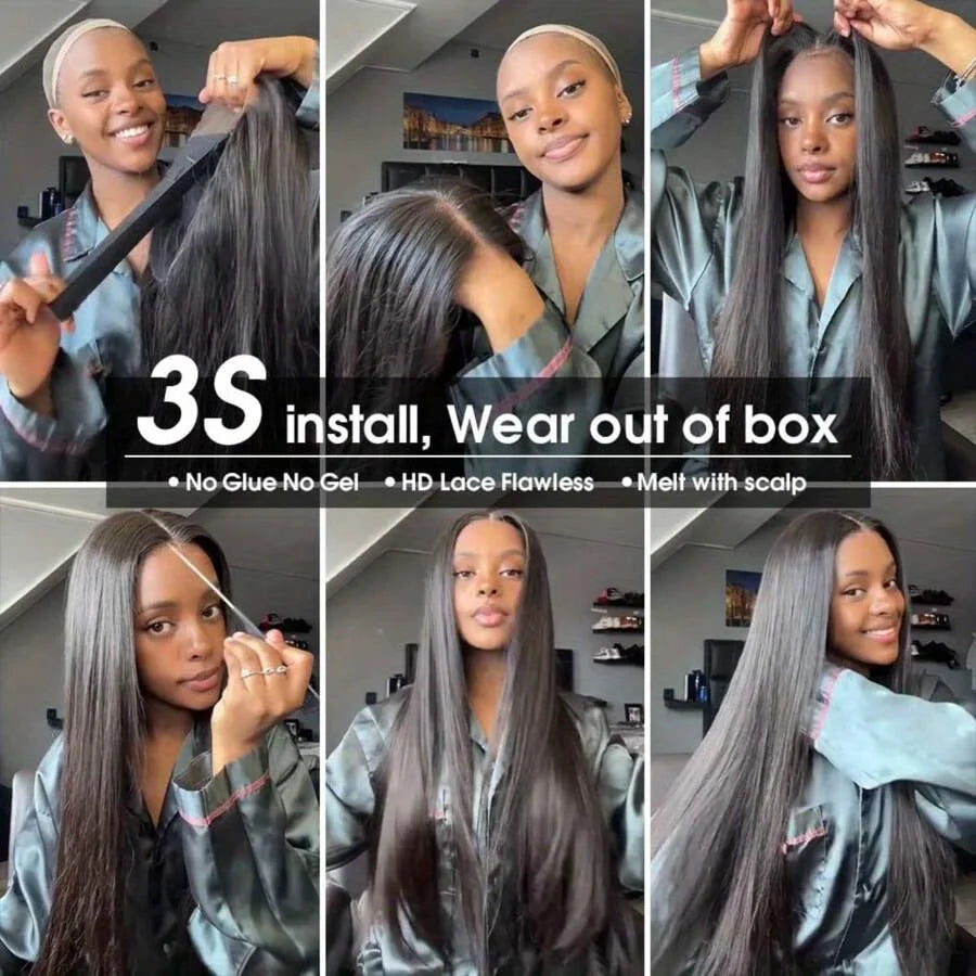 Glueless Wigs Virgin Human Hair Ready To Wear Pre Plucked Pre Cut No Glue 6X4 Bone Straight 100% Human Hair Lace Wigs for Women