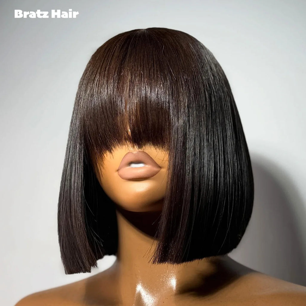 Wear and Go Glueless 3x1 Closure Fringe Bob Super Double Drawn Natural Black Bone Straight Human Hair Bob Wig with Bangs