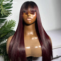 Waer and Go Glueless Wig 100% Human Hair 2x6 Kim K Closure Wig with Bangs Ombre Dark Burgundy Straight Wig Pre Cut Glueless Wig