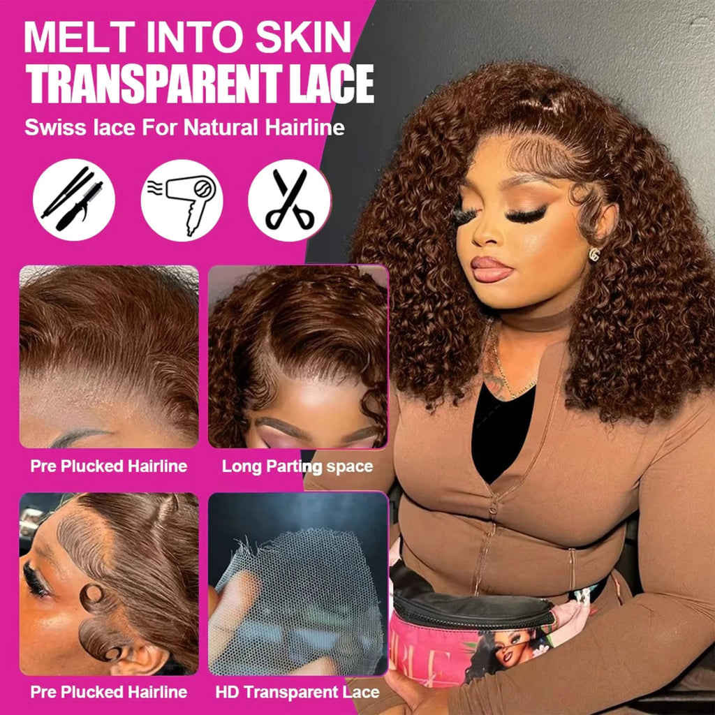 High Density 100% Human Hair Curly Chocolate Brown Short Deep Wave Bob 13x4 Lace Frontal Wigs #4 Colored HD Lace Front Wig