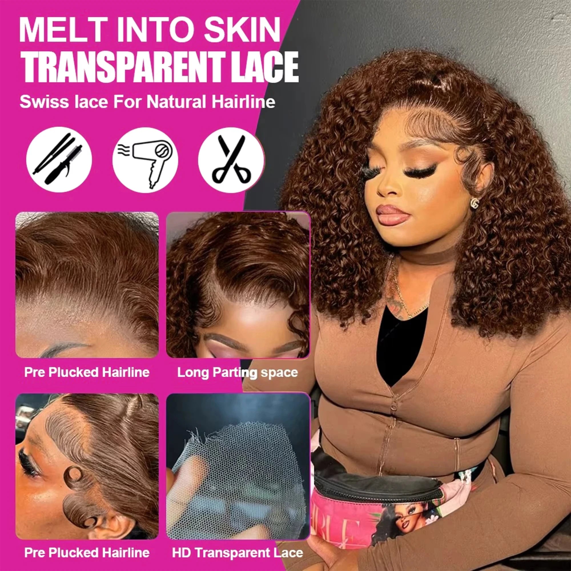 High Density 100% Human Hair Curly Chocolate Brown Short Deep Wave Bob 13x4 Lace Frontal Wigs #4 Colored HD Lace Front Wig