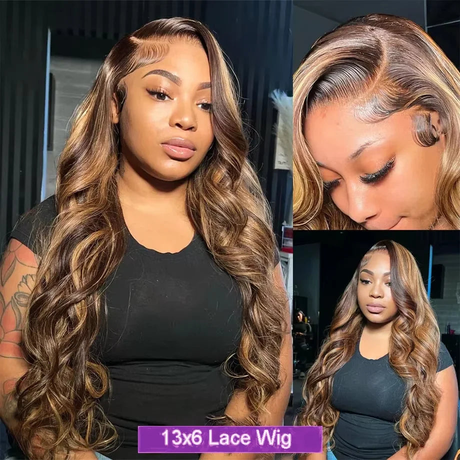 4/27 Highlight Body Wave Wig Human Hair Brazilian 30 32 Inch Colored Ombre Blonde 13x6 HD Transparent Lace Frontal Wig For Women