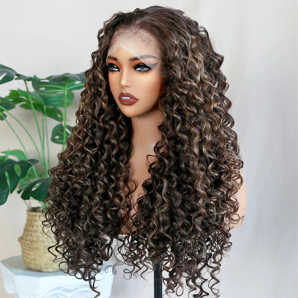 Kinky Curly Synthetic Wig 13x6 Lace Frontal Wig Highlight Brown 26" Synthetic Lace Wigs with Pre Plucked Baby Hair for Women