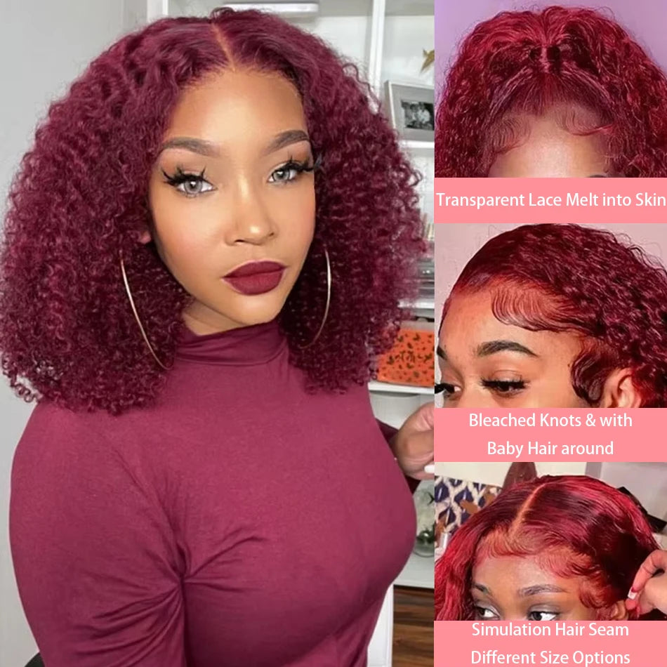 99J Burgundy Short Bob Wigs 13x4 HD Lace Front Wig Glueless Red Colored Deep Water Wave Lace Frontal Wig 100% Human Hair 14 Inch