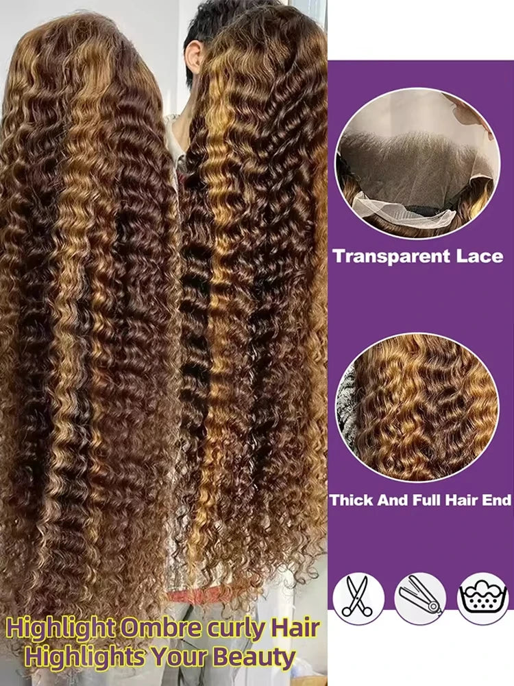 220 Density Highlight Ombre 13x6 Curly Real Human Hair Wigs 30 Inch Brazilian 4/27 Colored Deep Wave 13x4 Lace Frontal Wigs