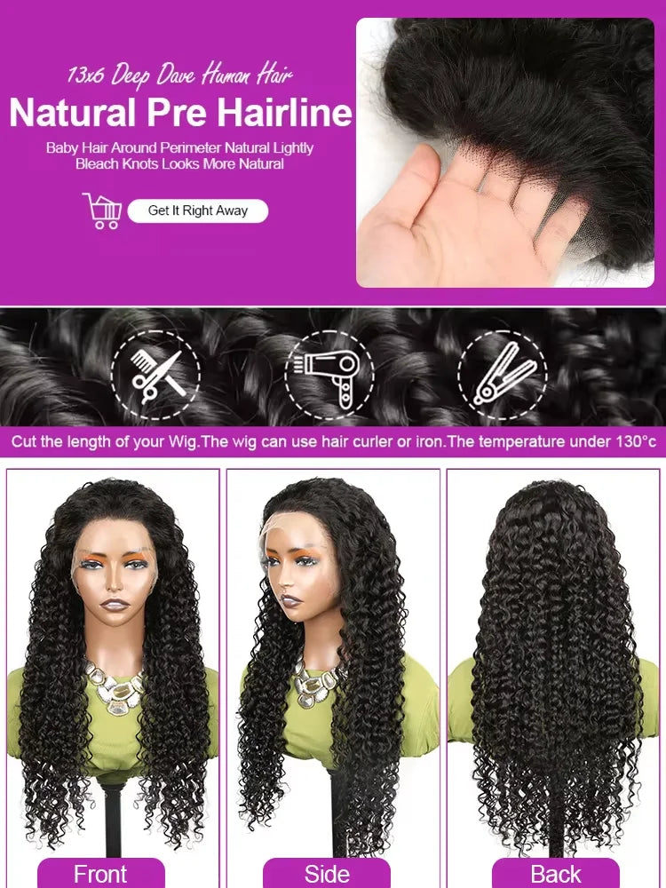 250% Curly Deep Water Wave 13x4 HD Lace Front Wigs PrePlucked Brazilian 100% Human Hair 13x6 Lace Frontal Closure Wig 32 34 Inch
