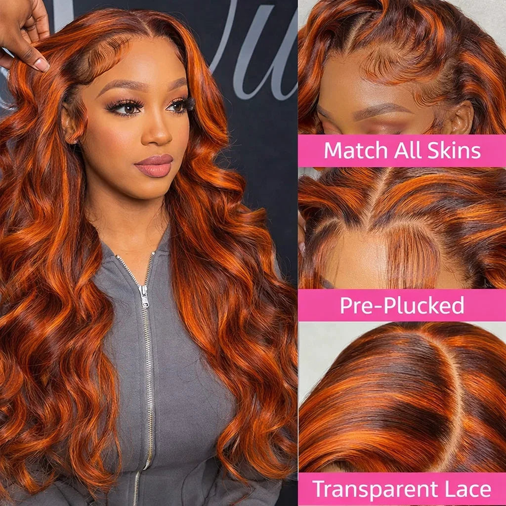 4/350 Highlight Ombre Body Wave Wigs 13x6 Lace Front Human Hair Wig Ginger Orange Brown Colored Water Wave 13x4 Lace Frontal Wig