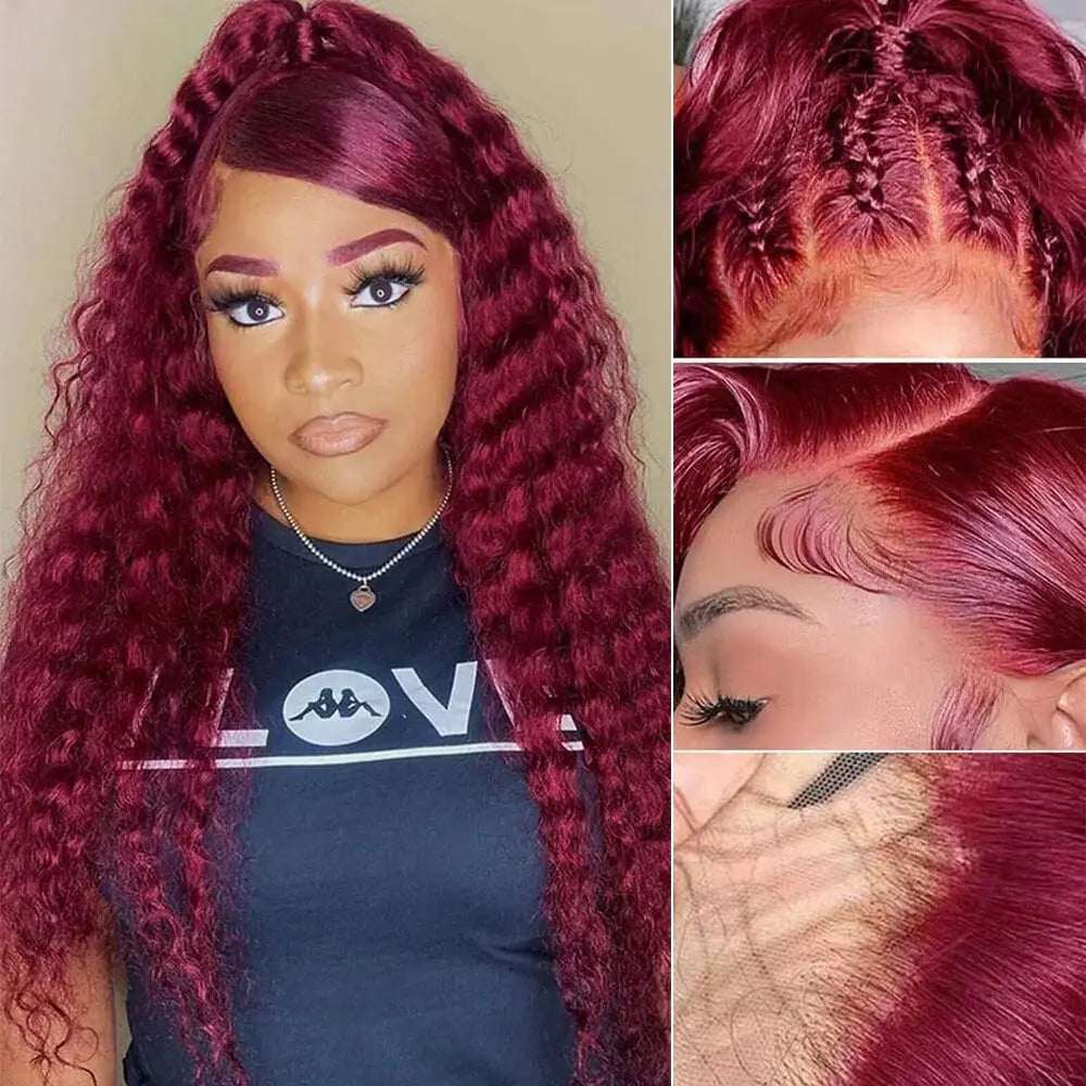 250% hd 99j Burgundy 13x6 Hd Lace Frontal Human Hair Wigs Transparent Colored Deep Wave Red Lace Front Wig 4x4 Closure Wig Women