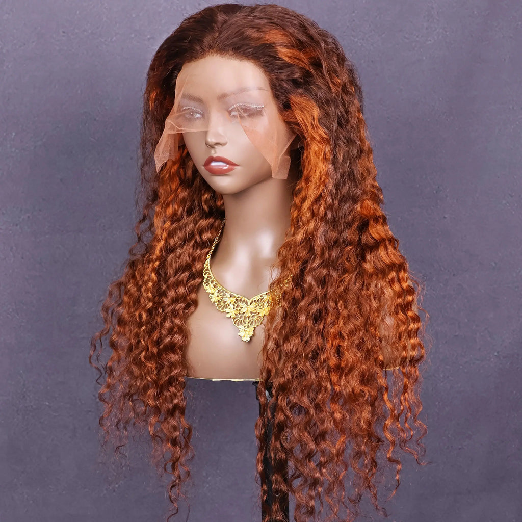 Highlight 4/350 Water Wave 13x6 HD Lace Frontal Wig Brown Ginger Human Hair Wig For Women 13x4 Transparent Lace Front Curly Wigs