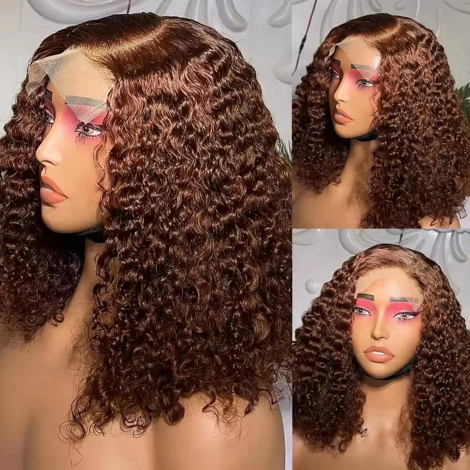 High Density 100% Human Hair Curly Chocolate Brown Short Deep Wave Bob 13x4 Lace Frontal Wigs #4 Colored HD Lace Front Wig