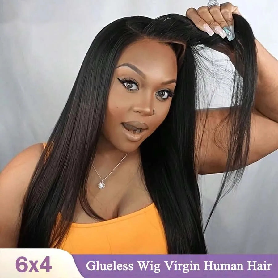 Glueless Wigs Virgin Human Hair Ready To Wear Pre Plucked Pre Cut No Glue 6X4 Bone Straight 100% Human Hair Lace Wigs for Women