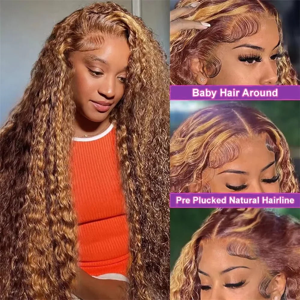 4/ 27 Highlight Honey Brown Curly Transparent HD 13x4 Lace Frontal Real Human Hair Wigs Ombre Color Deep Water Wave Full Wigs
