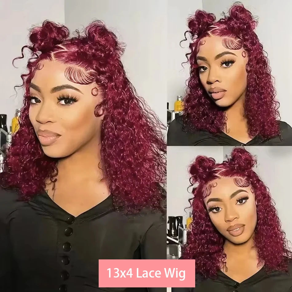 99J Burgundy Short Bob Wigs 13x4 HD Lace Front Wig Glueless Red Colored Deep Water Wave Lace Frontal Wig 100% Human Hair 14 Inch