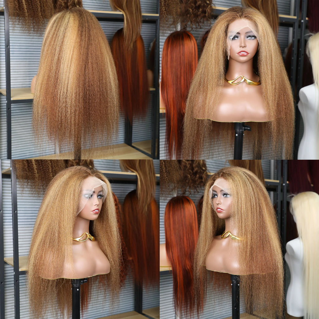 Highlight 4/27 Brown Blonde 13x6 Kinky Straight 200%Density Lace Front Human Hair Wigs Brazilian Yaki Straight Pre Plucked Wigs