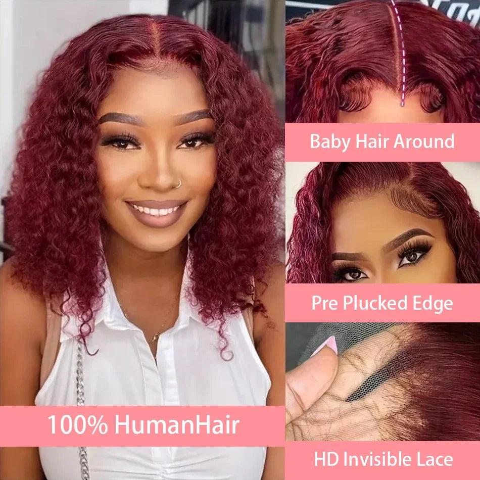 Curly Bob 99J Burgundy Lace Front Wigs 100% Human Hair 13x4 Lace Frontal Wig Red Short Deep Water Wave Wig Bob Lace Front Wigs