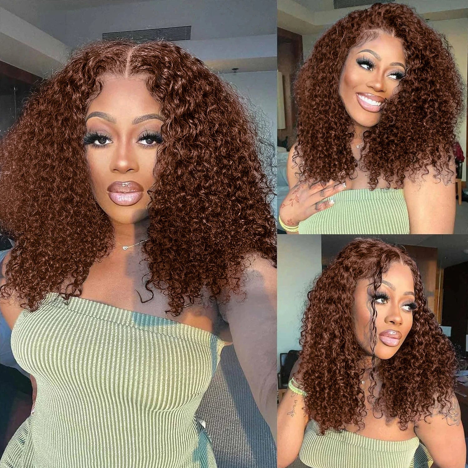 High Density 100% Human Hair Curly Chocolate Brown Short Deep Wave Bob 13x4 Lace Frontal Wigs #4 Colored HD Lace Front Wig