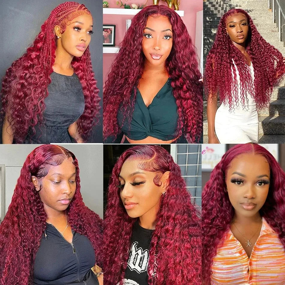 250% hd 99j Burgundy 13x6 Hd Lace Frontal Human Hair Wigs Transparent Colored Deep Wave Red Lace Front Wig 4x4 Closure Wig Women