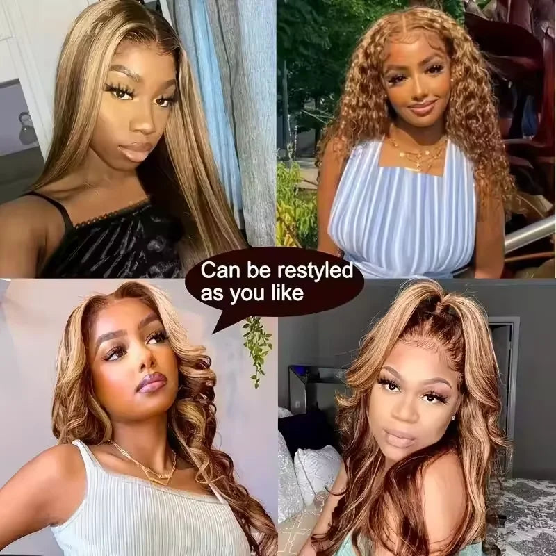 Highlight 4/27 Brown Blonde 13x6 Kinky Straight 200%Density Lace Front Human Hair Wigs Brazilian Yaki Straight Pre Plucked Wigs