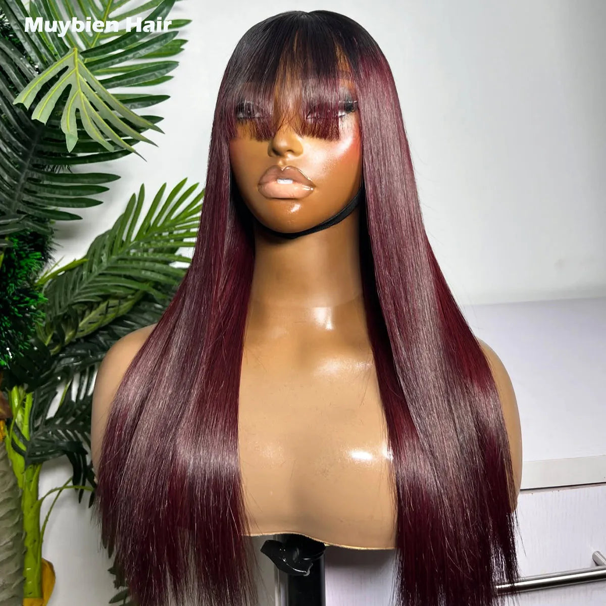 Waer and Go Glueless Wig 100% Human Hair 2x6 Kim K Closure Wig with Bangs Ombre Dark Burgundy Straight Wig Pre Cut Glueless Wig